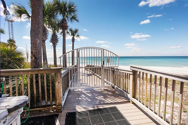 view of home's community featuring a water view and a beach view