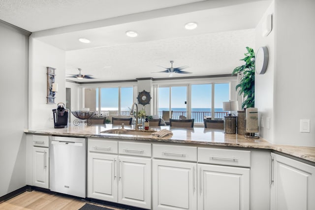 kitchen with a ceiling fan, dishwasher, light stone countertops, light wood-style floors, and a sink