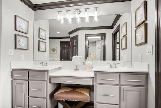 full bathroom featuring ornamental molding and vanity