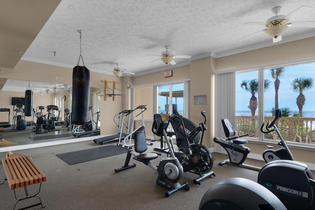 exercise room featuring crown molding, baseboards, ceiling fan, and a textured ceiling