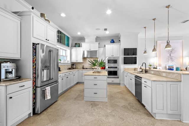 kitchen featuring a center island, light countertops, stainless steel appliances, under cabinet range hood, and a sink