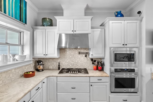 kitchen with stainless steel appliances, crown molding, under cabinet range hood, and tasteful backsplash