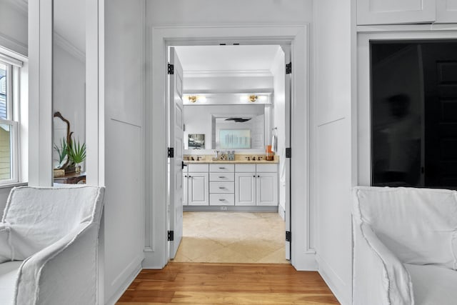 bathroom featuring crown molding, vanity, and wood finished floors