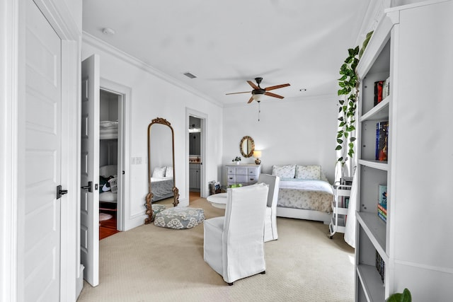 bedroom with a ceiling fan, carpet, visible vents, and crown molding