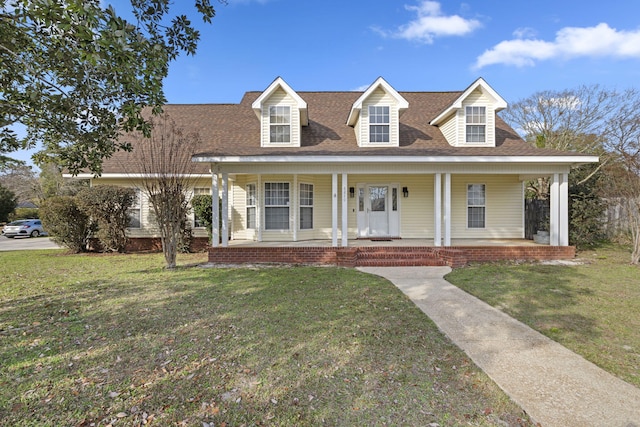 cape cod home featuring covered porch and a front yard