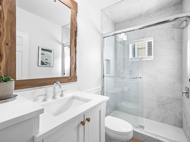 bathroom featuring a shower stall, vanity, and toilet