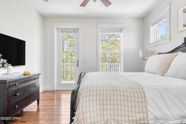 115 Cottage Ct, Panama City Beach, FL 32413 - bedroom with light hardwood / wood-style flooring, access to outside, and ceiling fan