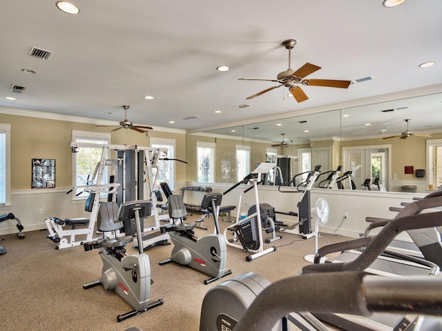 workout area with ornamental molding, a wainscoted wall, and visible vents