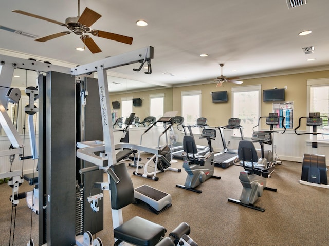 exercise room featuring a wealth of natural light, visible vents, crown molding, and baseboards