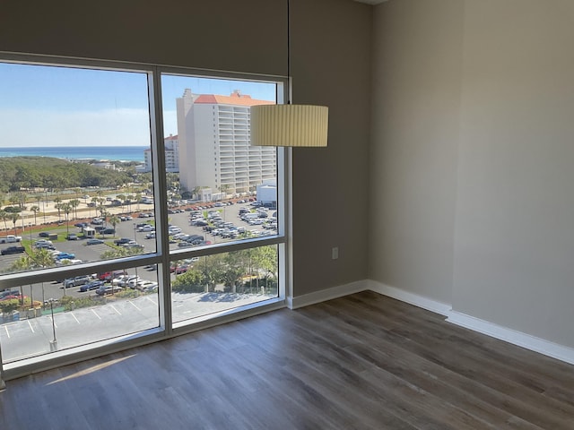 unfurnished room featuring dark hardwood / wood-style flooring and a water view