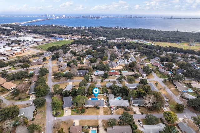 aerial view featuring a water view and a residential view