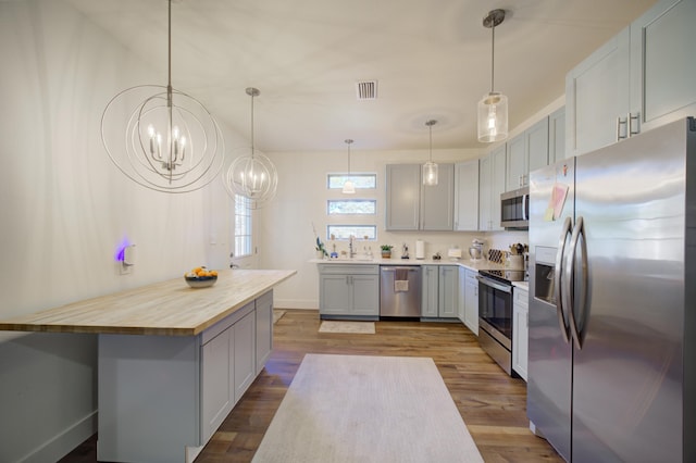 kitchen featuring butcher block counters, gray cabinets, appliances with stainless steel finishes, a sink, and wood finished floors