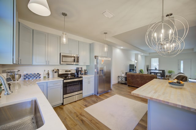 kitchen featuring stainless steel appliances, light wood-style floors, open floor plan, a sink, and butcher block countertops