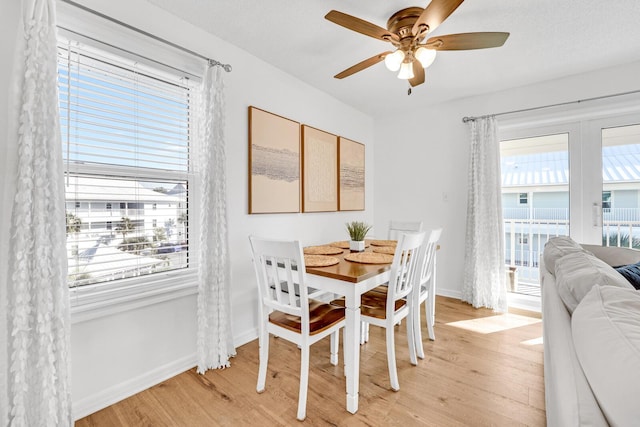dining room featuring ceiling fan, light hardwood / wood-style flooring, and a textured ceiling