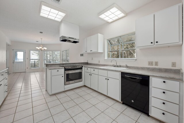 kitchen featuring electric stove, dishwasher, a peninsula, a sink, and light tile patterned flooring