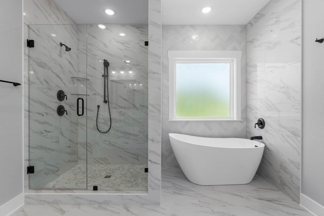 1720 25th St, Niceville, FL 32578 - full bath with a marble finish shower, a freestanding bath, marble finish floors, baseboards, and recessed lighting