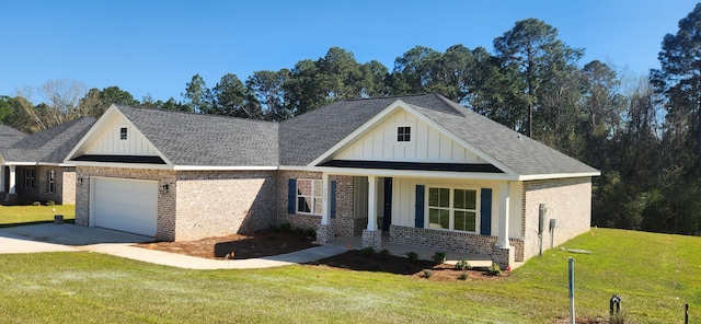 view of front facade with an attached garage, brick siding, board and batten siding, and a front lawn