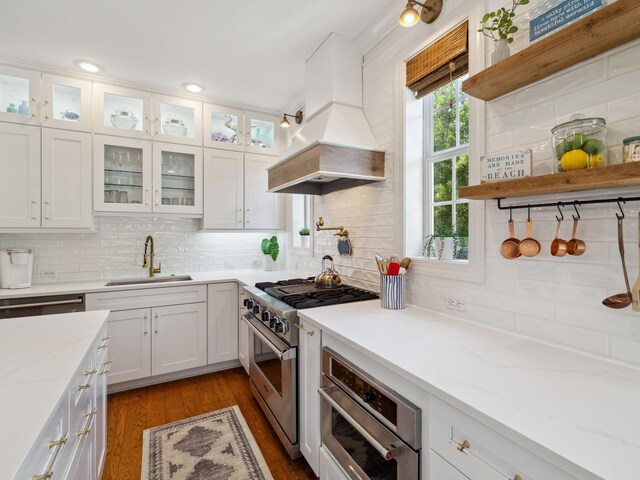 24 High Tide Way, Inlet Beach, FL 32461 - kitchen featuring a sink, custom exhaust hood, stainless steel appliances, and backsplash