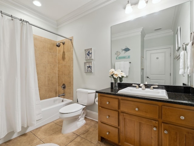 24 High Tide Way, Inlet Beach, FL 32461 - bathroom with toilet, vanity, tile patterned floors, shower / tub combo with curtain, and crown molding