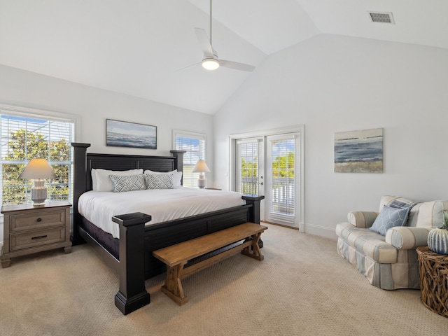 24 High Tide Way, Inlet Beach, FL 32461 - bedroom with access to exterior, light carpet, multiple windows, high vaulted ceiling, and a ceiling fan