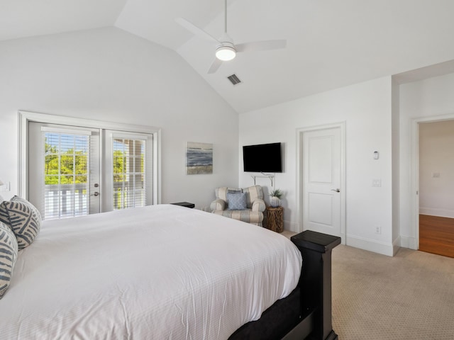 24 High Tide Way, Inlet Beach, FL 32461 - bedroom featuring access to exterior, vaulted ceiling, ceiling fan, light carpet, and baseboards