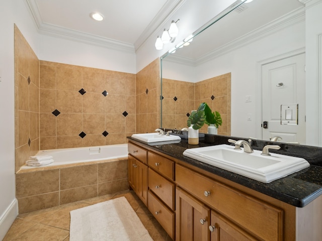 24 High Tide Way, Inlet Beach, FL 32461 - bathroom featuring tile patterned flooring, double vanity, ornamental molding, tiled tub, and tiled shower