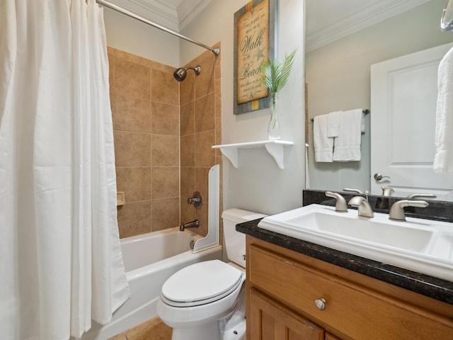 24 High Tide Way, Inlet Beach, FL 32461 - bathroom featuring ornamental molding, vanity, toilet, and shower / bathtub combination with curtain
