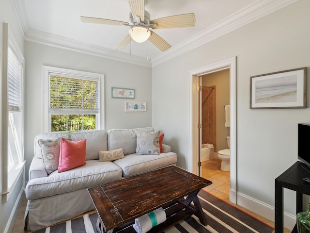 24 High Tide Way, Inlet Beach, FL 32461 - tiled living room with crown molding, ceiling fan, and baseboards