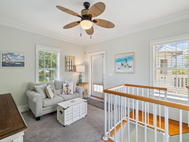 24 High Tide Way, Inlet Beach, FL 32461 - living area featuring ornamental molding, carpet flooring, and a ceiling fan