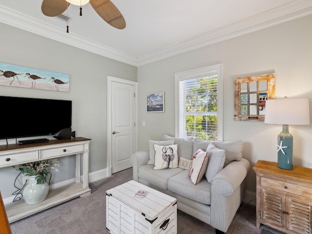 24 High Tide Way, Inlet Beach, FL 32461 - living room with carpet, ornamental molding, a ceiling fan, and baseboards