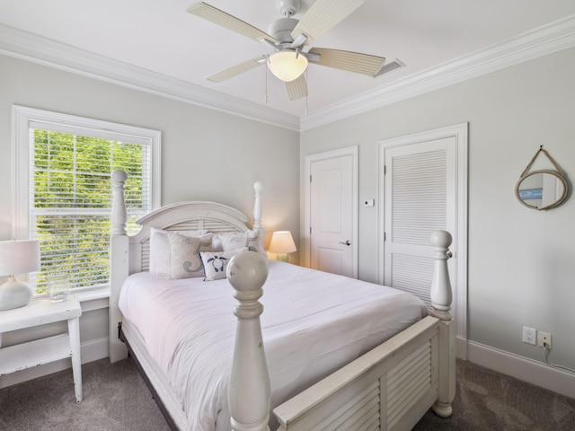24 High Tide Way, Inlet Beach, FL 32461 - carpeted bedroom featuring crown molding, baseboards, and ceiling fan