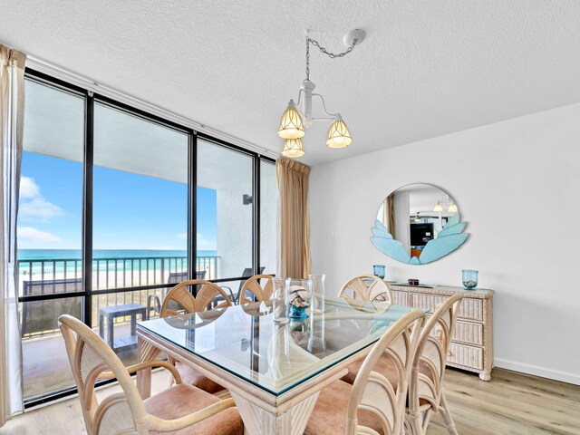 11757 Front Beach Rd Unit W106, Panama City Beach, FL 32407 - dining area with light wood finished floors, view of water and beach, a textured ceiling, baseboards, and expansive windows
