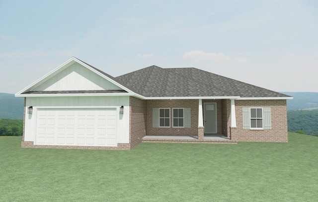 view of front of property with brick siding, an attached garage, roof with shingles, and a front lawn