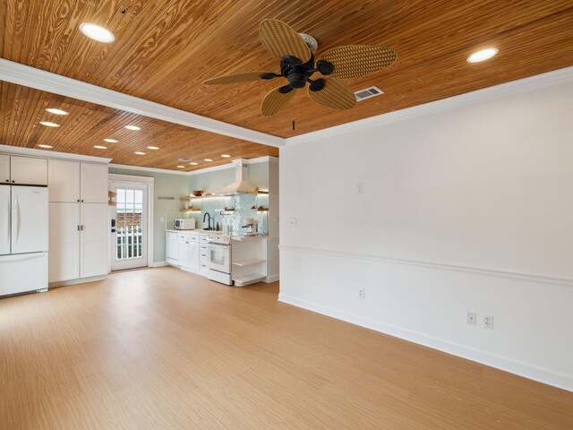 38 Barracuda St, Santa Rosa Beach, FL 32459 - unfurnished living room with baseboards, visible vents, recessed lighting, crown molding, and wooden ceiling