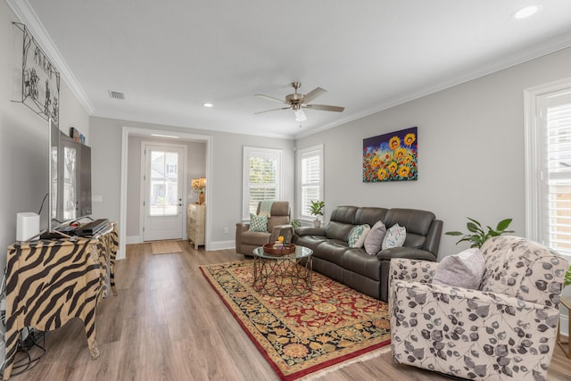 105 Oyster Blvd, Freeport, FL 32439 - living room featuring light wood finished floors, baseboards, visible vents, ceiling fan, and ornamental molding