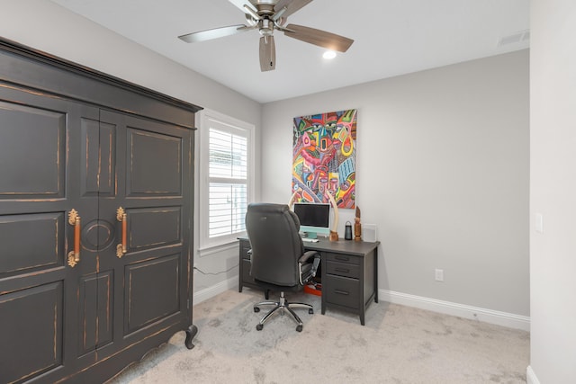 105 Oyster Blvd, Freeport, FL 32439 - office area with a ceiling fan, light carpet, visible vents, and baseboards