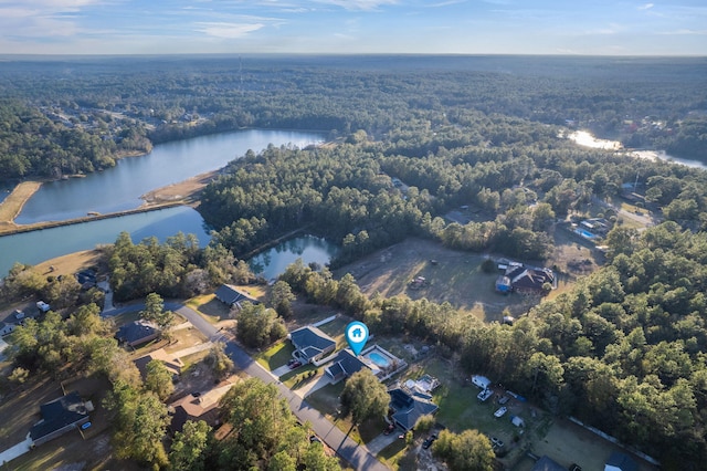 drone / aerial view featuring a water view and a forest view