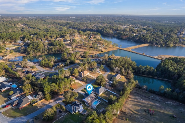 bird's eye view featuring a water view and a view of trees