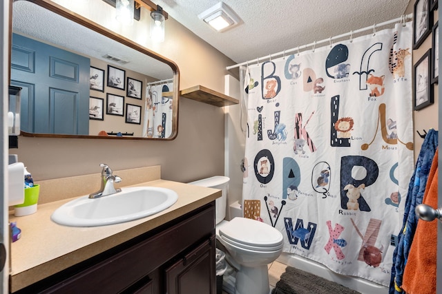 bathroom with visible vents, toilet, shower / bathtub combination with curtain, a textured ceiling, and vanity