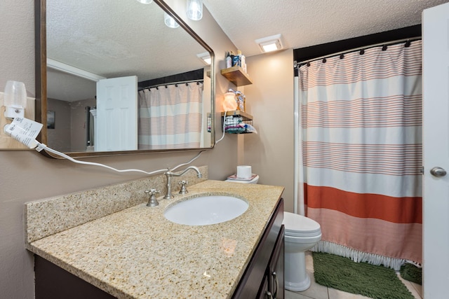 bathroom featuring a textured ceiling, tile patterned flooring, toilet, a shower with shower curtain, and vanity