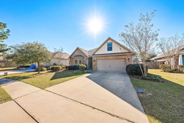 view of front of house featuring a front yard, concrete driveway, brick siding, and fence