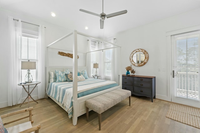 125 Gulfview Cir, Santa Rosa Beach, FL 32459 - bedroom with light wood-type flooring, ceiling fan, access to exterior, and ornamental molding