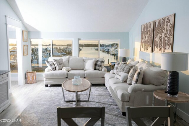 living room featuring light hardwood / wood-style floors and lofted ceiling