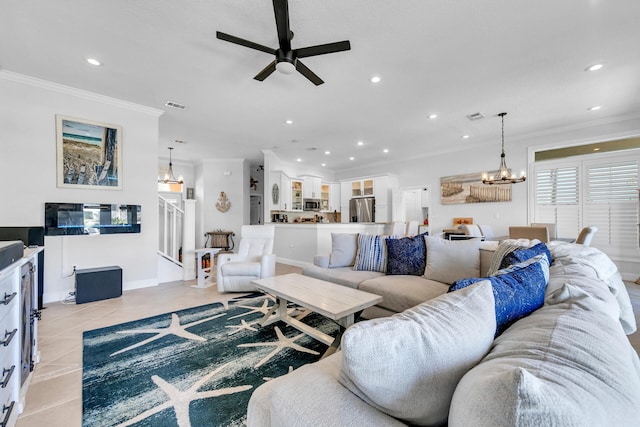 living room with light tile patterned floors, recessed lighting, ceiling fan with notable chandelier, visible vents, and ornamental molding