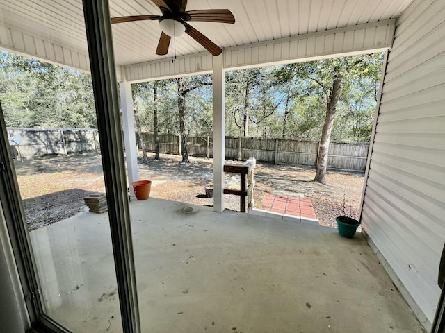 view of patio / terrace with a fenced backyard and a ceiling fan