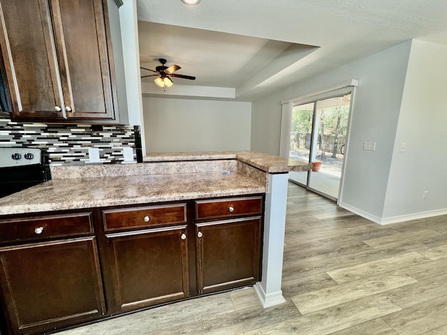 kitchen featuring a tray ceiling, light wood finished floors, backsplash, and dark brown cabinetry