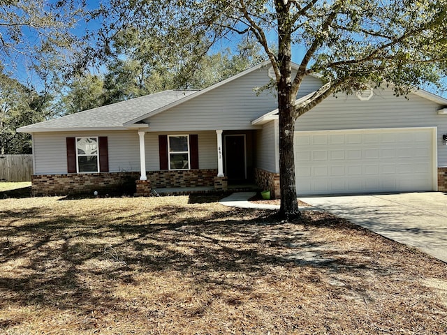 single story home featuring an attached garage, driveway, roof with shingles, and brick siding