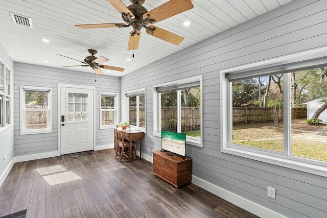 unfurnished sunroom with wooden ceiling and visible vents