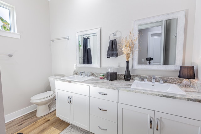 bathroom featuring vanity, toilet, and hardwood / wood-style floors