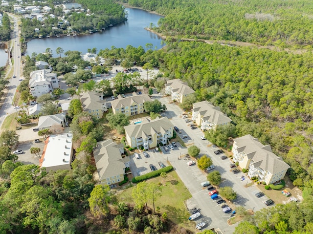 drone / aerial view with a water view